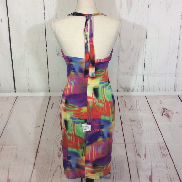 NWT Cache Halter Dress Sexy Knit Colorful Plunge Neck Tropical Bodycon Size 10 - Picture 2 of 13